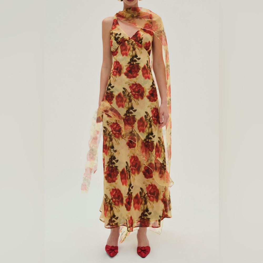 NWT Floral Red Rose Ruffle Maxi Dress with Scarf